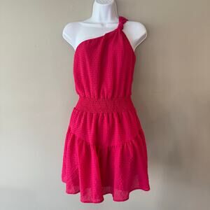 Lush Hot Pink One Shoulder Smocked Waist Tiered Mini Dress Sz XS Barbie Y2K